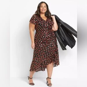 NWT! Lane Bryant Black and Red Gold Metallic Fitted Midi Faux Wrap Dress Size 22